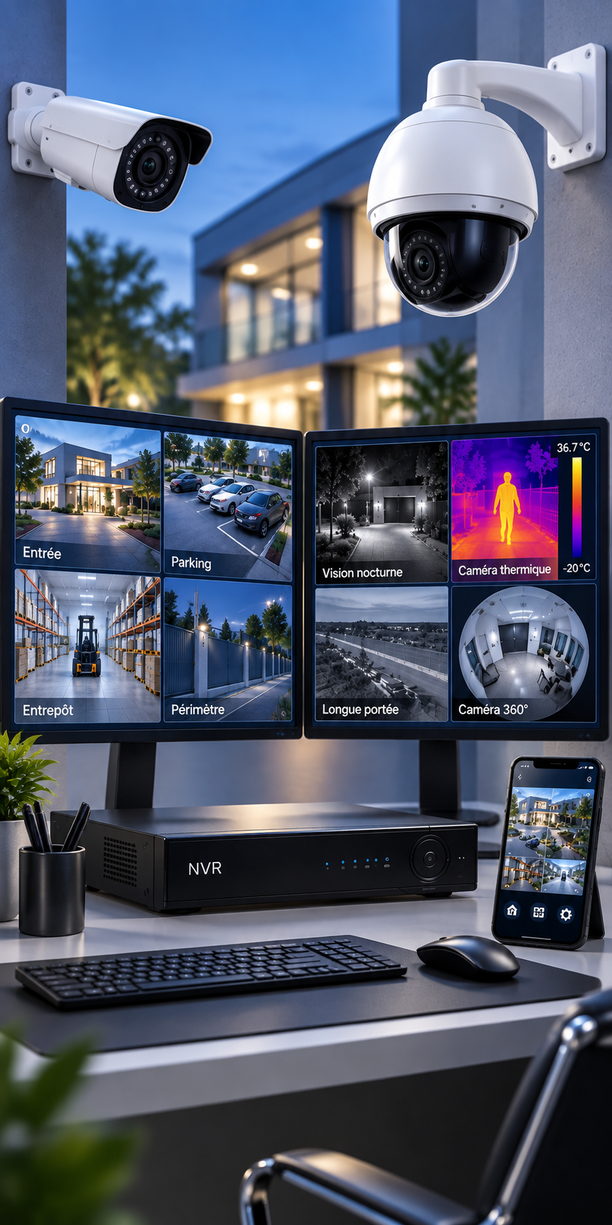 Système CCTV compact avec caméras, écrans, enregistreur et accès mobile